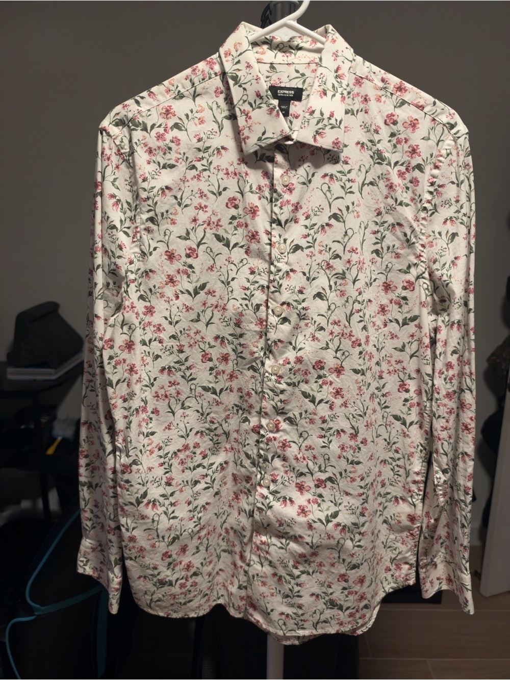 Express Men’s White Floral Button-Down Shirt with Pink & Green Print